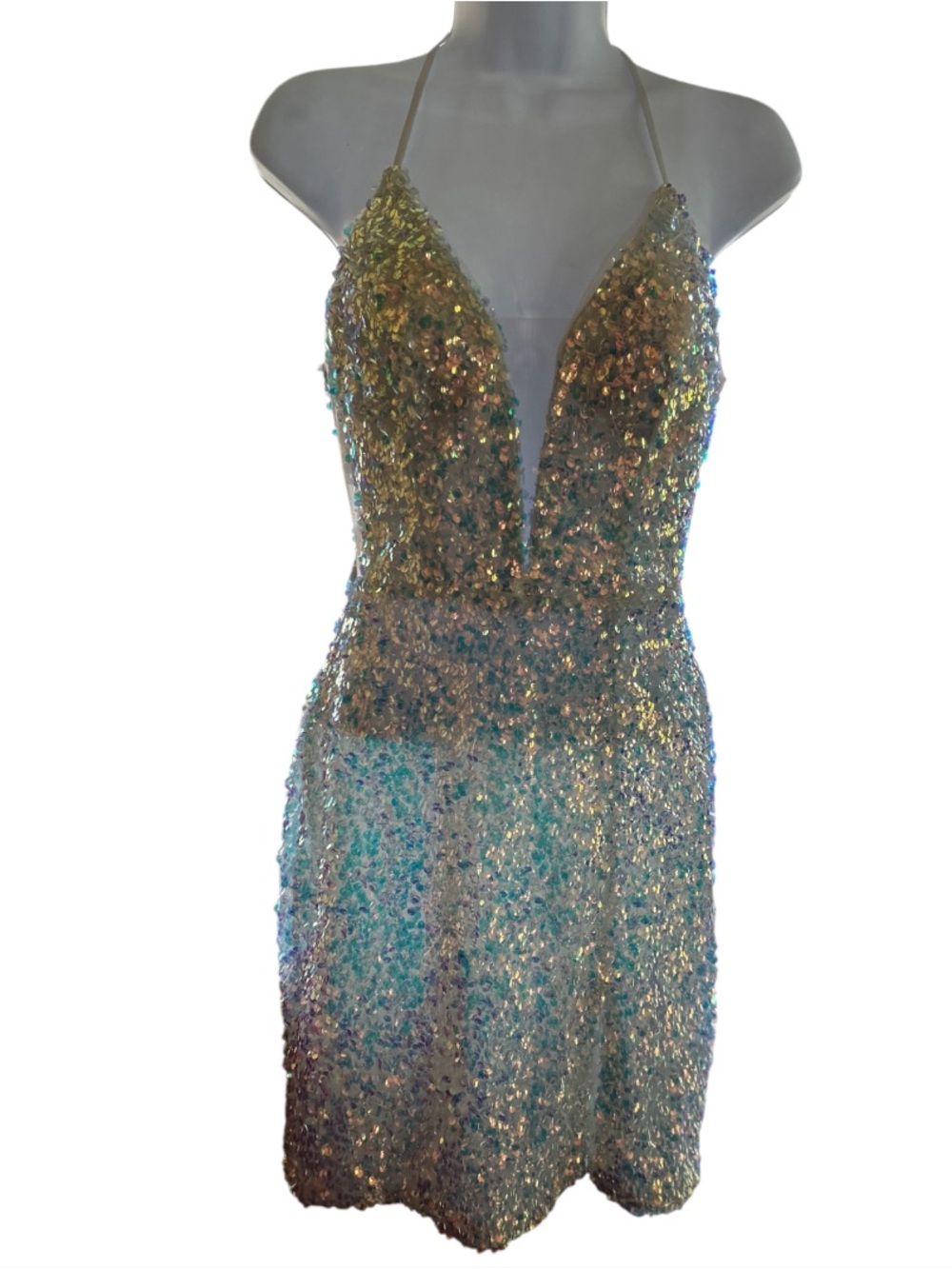 Short White Cinderella Divine Sequin Open Back Formal Party Dress Size 4
